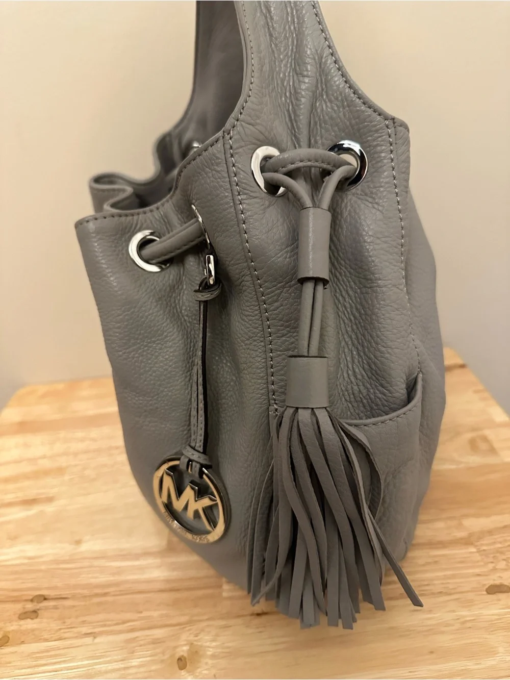 Michael Kors Gray Pebbled Leather Drawstring Hobo with Tassel